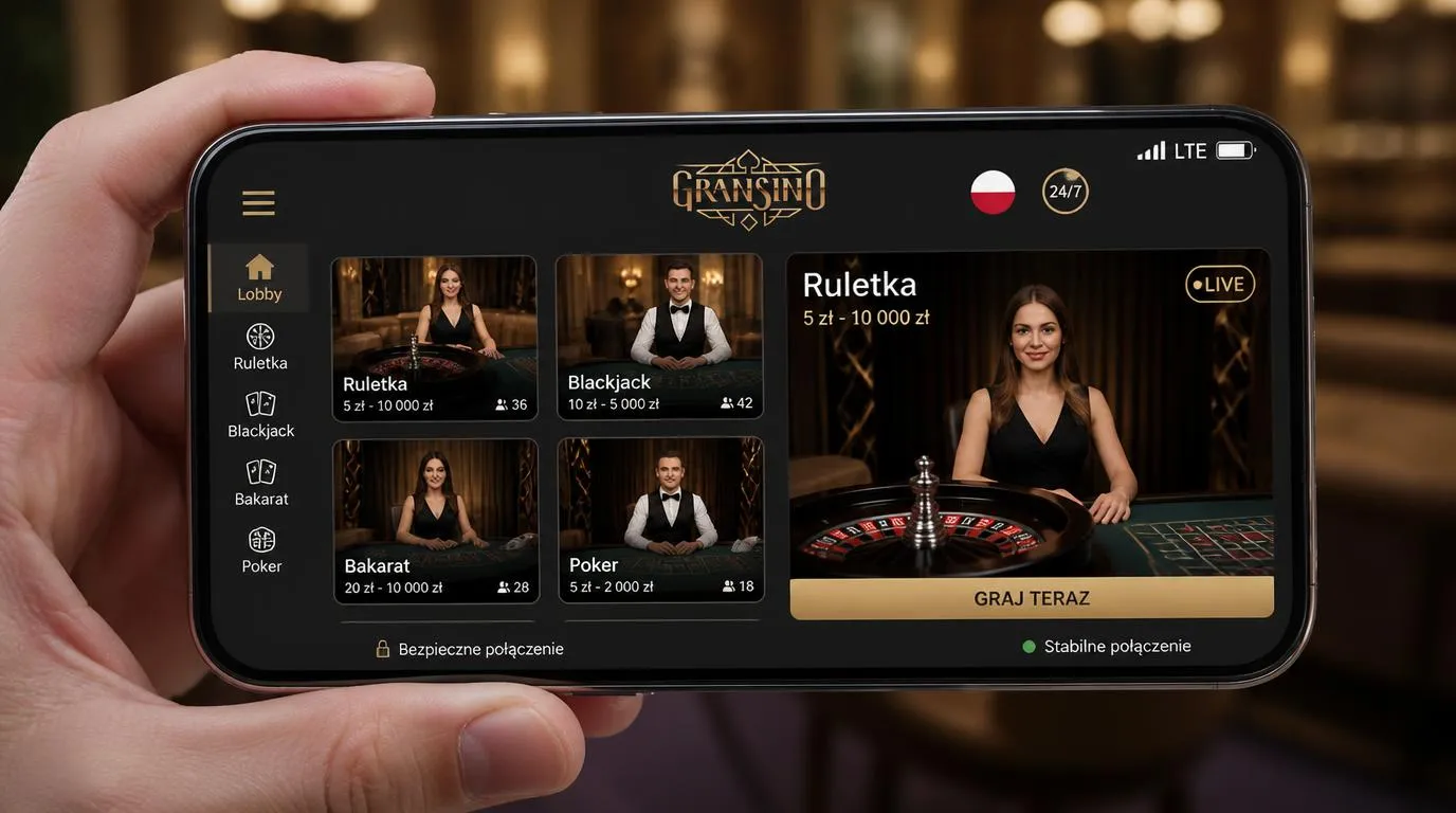 Lobby kasyna na żywo na telefonie z podglądem stołów i widocznymi limitami zakładów