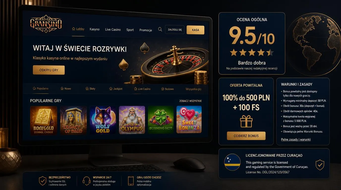 Ekran kasyna z oceną 9,5/10, ofertą powitalną i przyciskiem prowadzącym do kasy