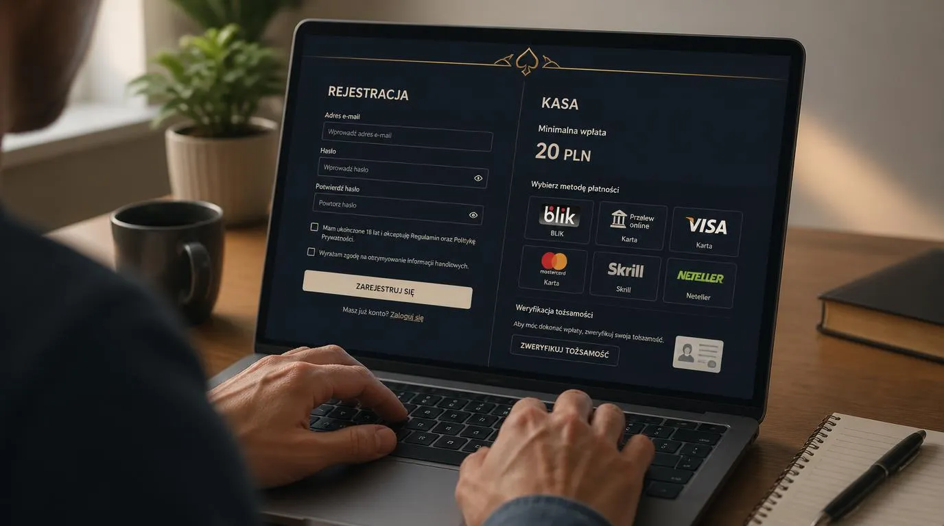 Ekran rejestracji i kasy kasyna z wyborem metody płatności oraz minimalną wpłatą 20 PLN